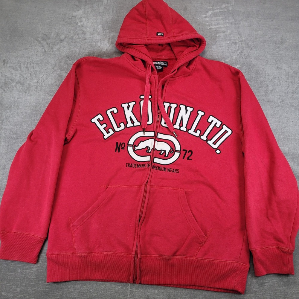 Ecko Unltd Y2K Mens XL Red Graphic‎ Full Zip Hoodie Rhino Logo Sweatshirt